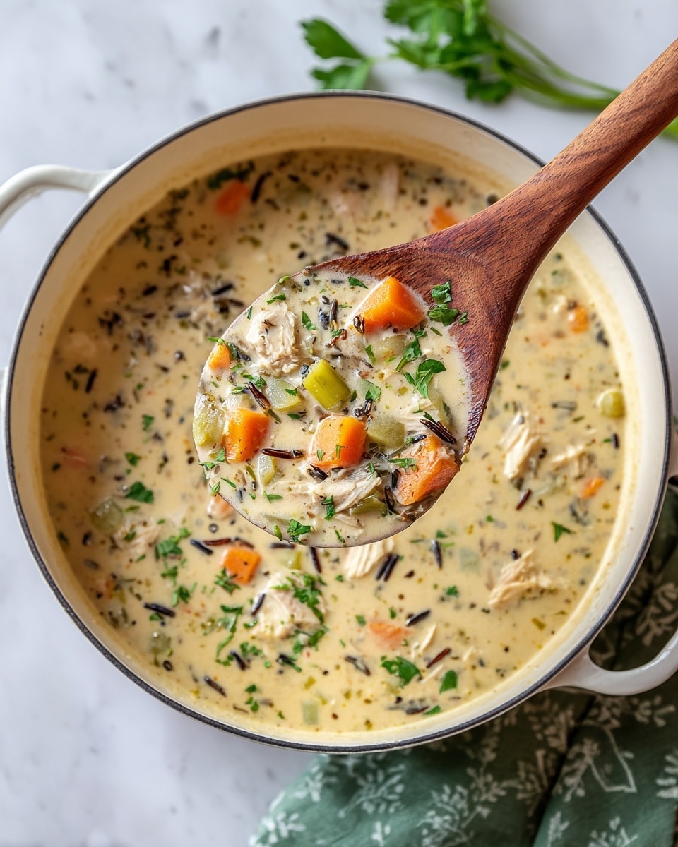 A white pot filled with a thick creamy soup showing at least three layers: the base soup layer is creamy beige with visible herbs and spices; scattered within the soup are orange carrot cubes, light green celery pieces, small chunks of light tan chicken, and dark brown bits of wild rice; fresh green parsley leaves are sprinkled across the top adding a fresh garnish. A wooden spoon is dipped into the soup lifting a scoop with a mix of all these layers. The pot rests on a white marbled textured surface with a green and white cloth partially visible underneath. photo taken with an iphone --ar 4:5 --v 7
