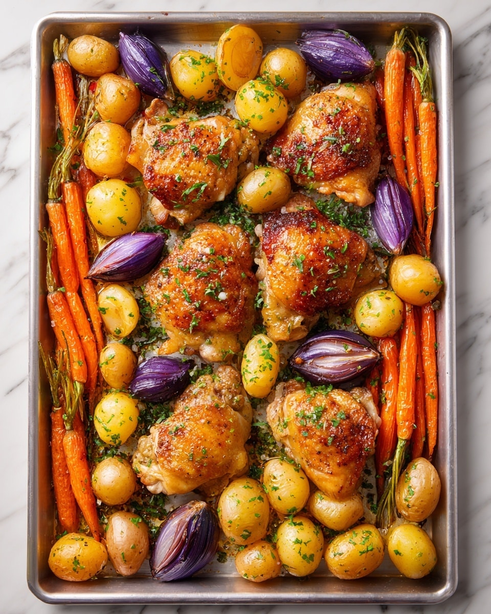 A silver baking tray filled with roasted chicken thighs on top, each piece golden brown and crispy with a slight char and sprinkled with green herbs. Around and under them are layers of small round yellow potatoes cut in halves with herbs on top, vibrant orange baby carrots that look tender and slightly caramelized, and small purple roasted onions with a shiny, cooked texture. The tray is set on a white marbled surface, and the image focuses closely on the food with rich, warm lighting highlighting the colors and textures. Photo taken with an iphone --ar 4:5 --v 7