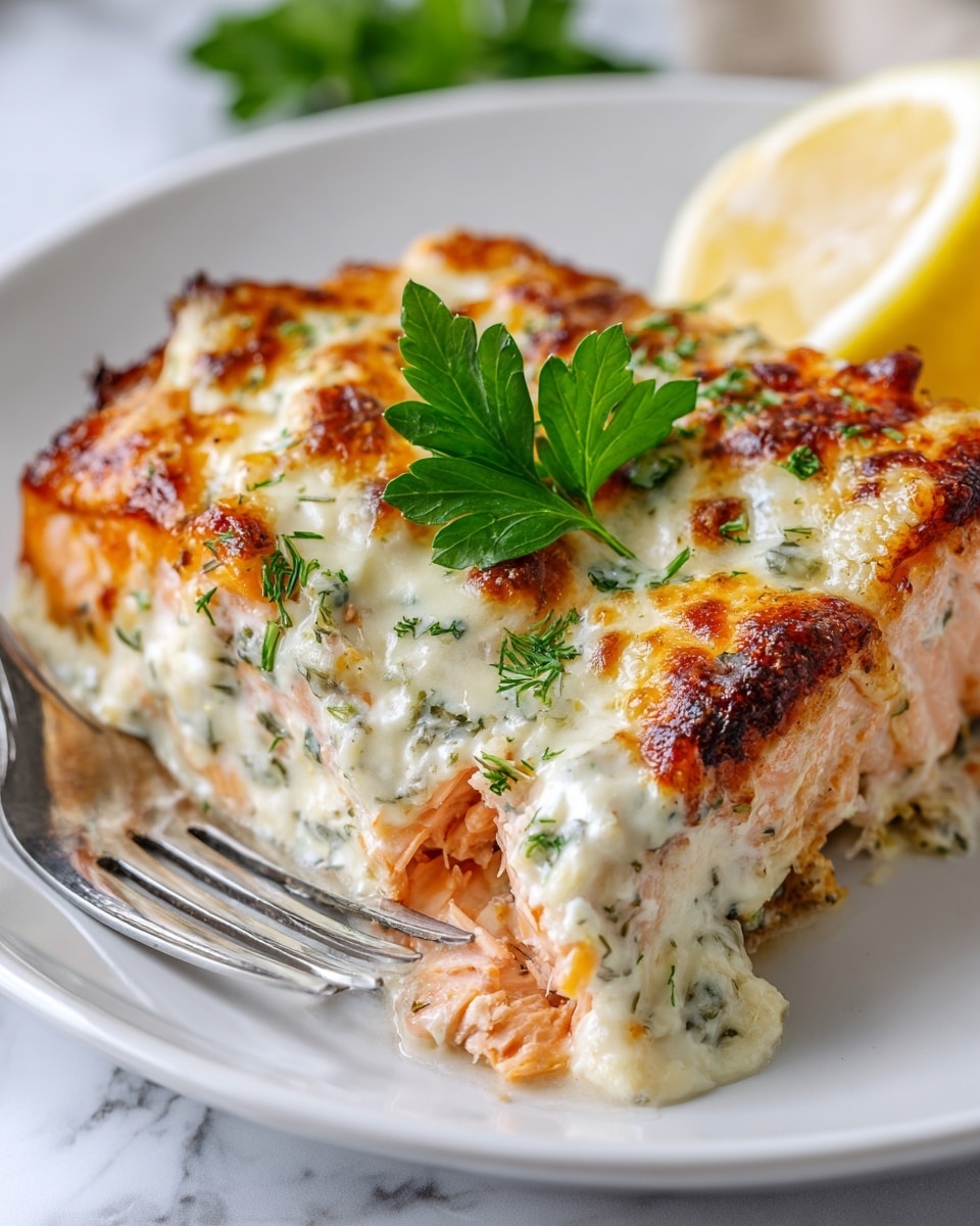 A close-up image of a piece of baked salmon covered in a thick, creamy white sauce with green herbs mixed in, topped with browned spots from baking. The salmon underneath shows a light pink color with flaky texture. A sprig of fresh green parsley rests on top for decoration. The piece sits on a white plate with a silver fork on the left side. Part of a lemon wedge can be seen on the right edge of the plate. The background is a white marbled surface. Photo taken with an iphone --ar 4:5 --v 7