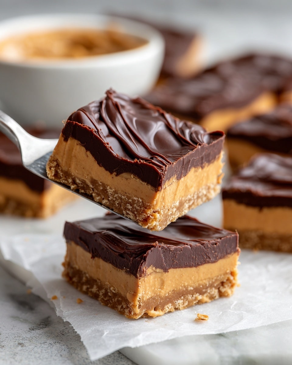 A close-up of a dessert square with two visible layers, the bottom layer is thick, smooth, and peanut butter-colored with a dense texture, and the top layer is a thinner, glossy dark chocolate layer with slight swirls and a slightly uneven surface. The square is being lifted on a silver spatula above white marbled textured surface with more pieces of the same dessert blurred in the background, along with a small white bowl filled with a light brown creamy substance. photo taken with an iphone --ar 4:5 --v 7