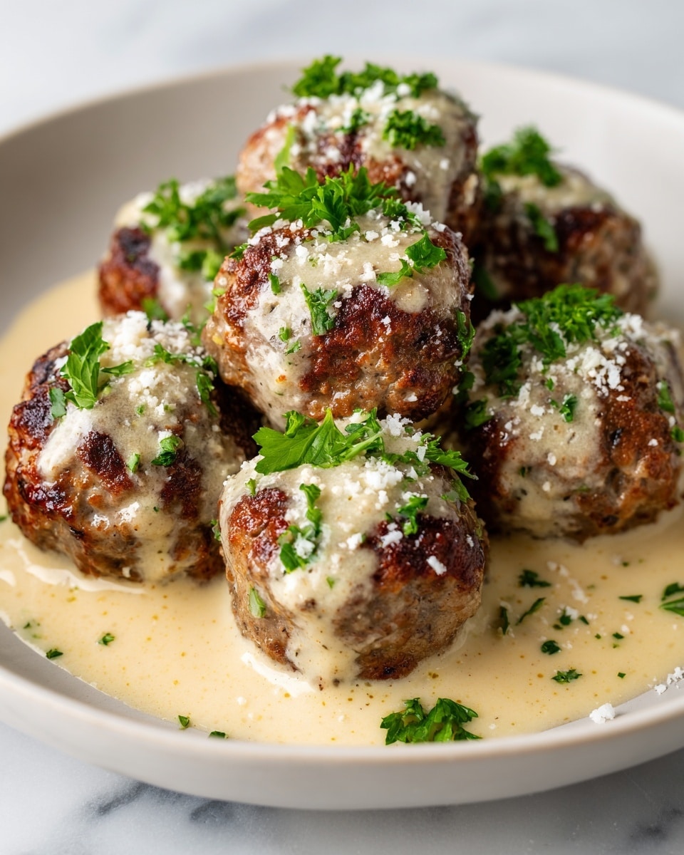 Seven round meatballs with a light golden brown crust sit on a white plate. Each meatball is covered with a creamy, light beige sauce that pools around the base of the meatballs. The tops of the meatballs are sprinkled with small green parsley leaves and bits of white grated cheese. The texture of the sauce is smooth and slightly thick, contrasting with the crispy look of the browned meatballs. The background is a white marbled texture. photo taken with an iphone --ar 4:5 --v 7