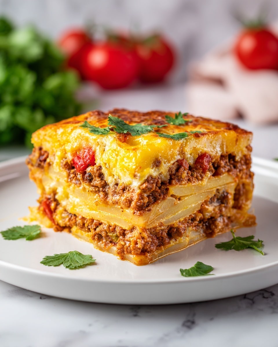 A thick square slice of dish with four visible layers sits on a white plate over a white marbled surface. The bottom layer is light yellow and smooth, likely sliced potatoes. Above it is a thick, brown ground meat layer with small bits of red tomato sauce. The third layer is again light yellow sliced potatoes with smooth texture. The top layer is melted bright orange-yellow cheese with some browning, sprinkled with fresh green herb leaves. Around the plate and in the background are scattered green leaves and red tomatoes blurred softly. Photo taken with an iphone --ar 4:5 --v 7