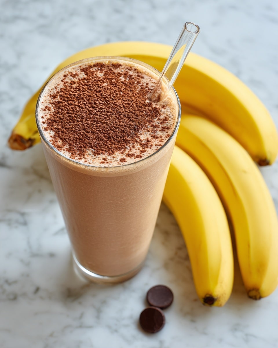 A clear glass is filled with a light brown, smooth smoothie topped with a layer of cocoa powder that is slightly clumpy and spread evenly on the surface. A clear glass straw is inserted into the smoothie near the edge. Next to the glass are three yellow bananas with smooth skins, and near the bottom right corner of the image is a single dark brown chocolate chip. The whole scene sits on a white marbled surface. photo taken with an iphone --ar 4:5 --v 7