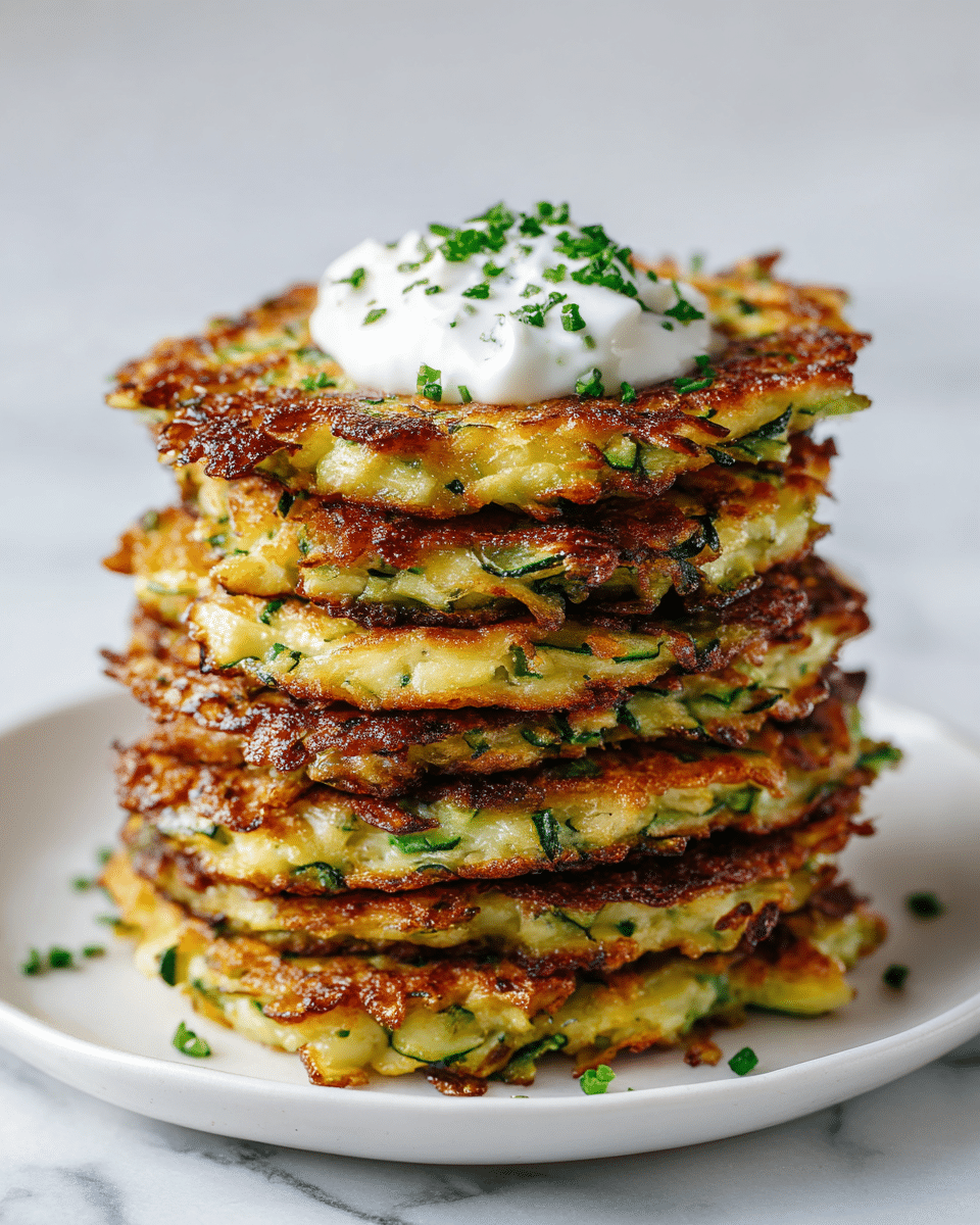 A tall stack of golden brown fritters with visible bits of green herbs and zucchini, each layer crispy around the edges and soft inside, sits on a white plate against a white marbled background. On top of the stack, there is a dollop of white sour cream garnished with small green herb pieces. The fritters look slightly uneven, showing a homemade texture with areas of darker browning that add a rustic look. Photo taken with an iphone --ar 4:5 --v 7