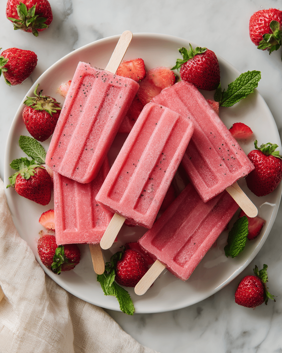 A white plate holds six pink strawberry popsicles with visible tiny black chia seeds dotted throughout each pop, arranged slightly overlapping. The popsicles have a smooth, frosty texture with wooden sticks at the bottom. Around the popsicles are fresh, bright red strawberries with green leaves, placed both on and around the plate, along with few small fresh green mint leaves for garnish. The plate is on a white marbled surface with a light beige cloth partially visible on the left side. photo taken with an iphone --ar 4:5 --v 7