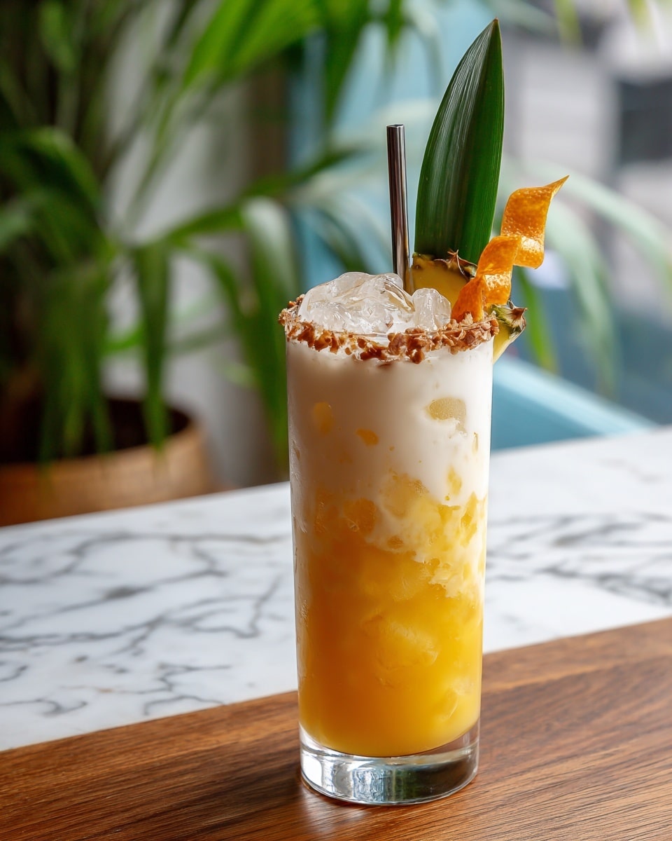 A tall clear glass filled with a bright yellow liquid at the bottom, topped with a thick white foam layer with ice cubes inside. The rim of the glass is coated with crushed nuts, adding a rough brown texture around the edge. A green pineapple leaf and a twisted orange peel are placed on the rim as decoration, along with a silver cocktail pick holding a small pineapple wedge. The drink sits on a smooth wooden surface with a blurred beach background showing blue water and green palm leaves. photo taken with an iphone --ar 4:5 --v 7