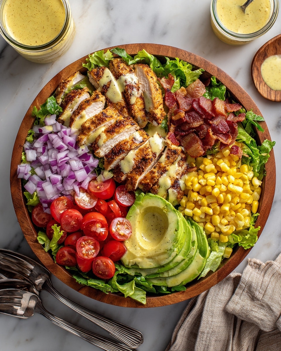 A large wooden bowl holds a fresh salad with several distinct layers: the bottom layer is a bed of green leafy lettuce, topped with bright yellow corn pieces scattered throughout. On one side, there are sliced grilled chicken pieces with a golden brown and slightly charred surface, covered with a grainy yellow mustard dressing. Red grape tomatoes, both whole and halved, add a vibrant red color in another section. Nearby, sliced creamy green avocado with mustard dressing sits neatly, next to some finely diced purple onions. Small pieces of crispy bacon are sprinkled on top as well. The bowl sits on a white marbled surface with a small jar of yellow dressing and silver utensils close by. Photo taken with an iphone --ar 4:5 --v 7