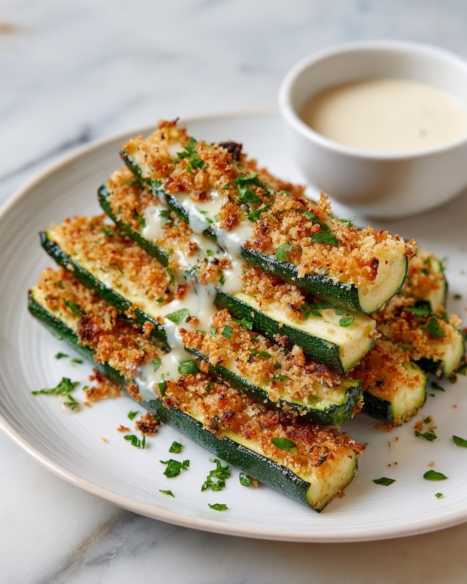 The image shows a white plate with seven zucchini sticks stacked in two layers. Each zucchini stick has a green skin on the sides with a golden-brown crispy cheese topping on the top, showing a crunchy texture. Small green parsley leaves are scattered around and on top of the zucchini sticks for garnish. The plate is set on a white marbled surface, and in the background, there is a white bowl with a creamy white dipping sauce. Photo taken with an iphone --ar 4:5 --v 7