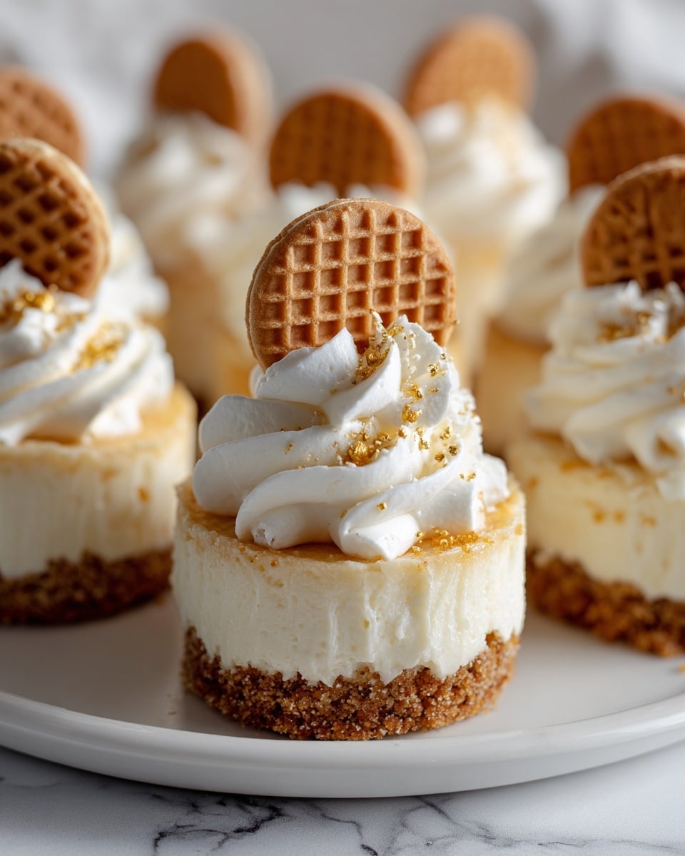 The image shows several small round cheesecake desserts placed on a white plate, set on a white marbled surface. Each dessert has two layers: the bottom layer is a thick, crumbly golden-brown crust, and the top layer is a smooth, creamy off-white cheesecake. On top of the cheesecake layer, there is a swirl of white whipped cream sprinkled with small golden crumbs. Each swirl is topped with a small round cookie that is golden brown and has a waffle pattern on it. The focus is on one dessert in the front, with others softly blurred in the background. Photo taken with an iphone --ar 4:5 --v 7