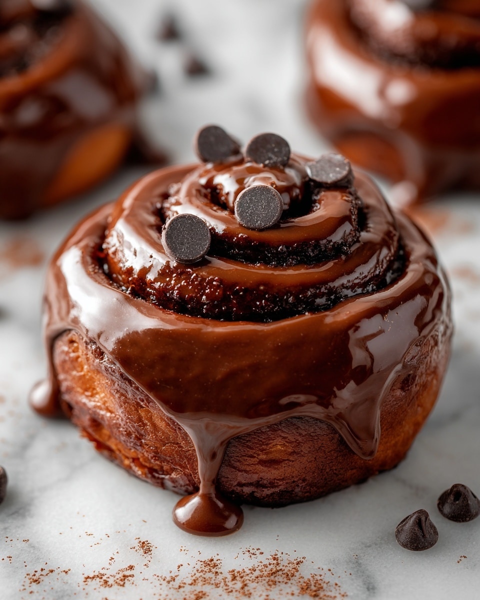 The image shows a close-up of a single chocolate swirl bun with a rich, glossy layer of melted chocolate spread thickly over the top and spiraling inward, with a few small chocolate chips scattered on it. The bun has a dark brown, soft texture with visible layers from its rolled shape, sitting on a white marbled surface which is also splattered with more melted chocolate and chocolate powder around it. Additional chocolate chips lie loose nearby, enhancing the indulgent look of the dessert. photo taken with an iphone --ar 4:5 --v 7