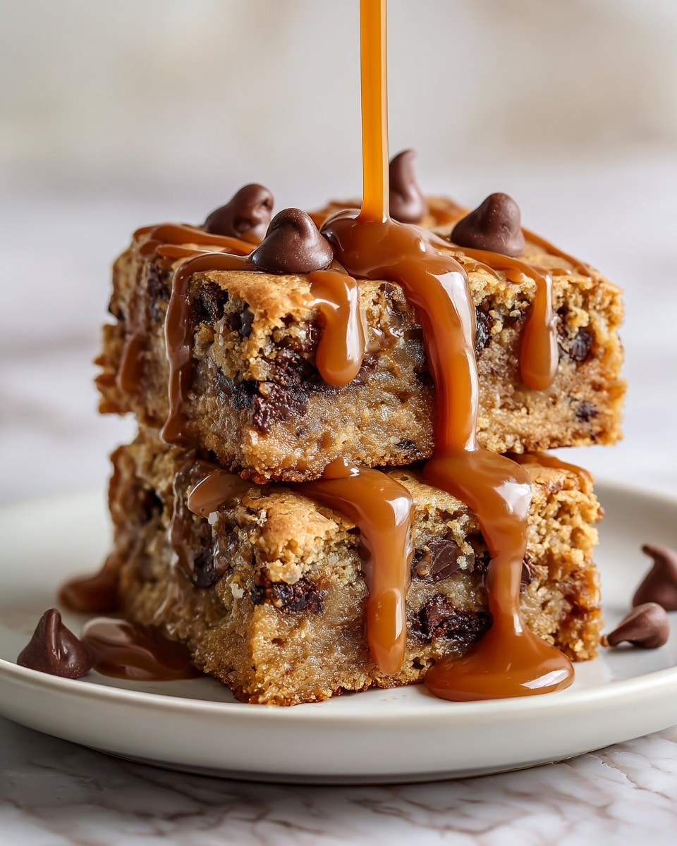 The image shows two stacked square chocolate chip cookie bars on a white plate. The cookie bars are thick and crumbly with visible dark chocolate chips spread evenly inside. A rich, sticky caramel sauce pours down from the top bar, flowing over the edges and pooling on the plate below. The top cookie bar is decorated with a few extra chocolate chips, and the texture of the cookie looks soft and chewy with a golden-brown color. The background is softly blurred showing more cookie bars on a white marbled surface. photo taken with an iphone --ar 4:5 --v 7