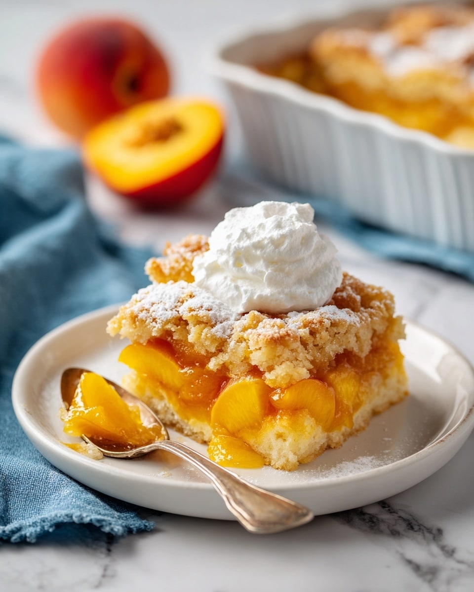 A white plate holds a peach cobbler with three main layers: the bottom layer is glossy, golden peach slices cooked in a thick syrup; above it, an uneven, crumbly, light brown crust dusted with powdered sugar; on top, a dollop of creamy, soft white whipped cream. A spoon rests on the left side of the plate with a small piece of cobbler on it. The plate sits on a white marbled surface, with a peach and part of a light green kitchen towel in the background. Photo taken with an iphone --ar 4:5 --v 7
