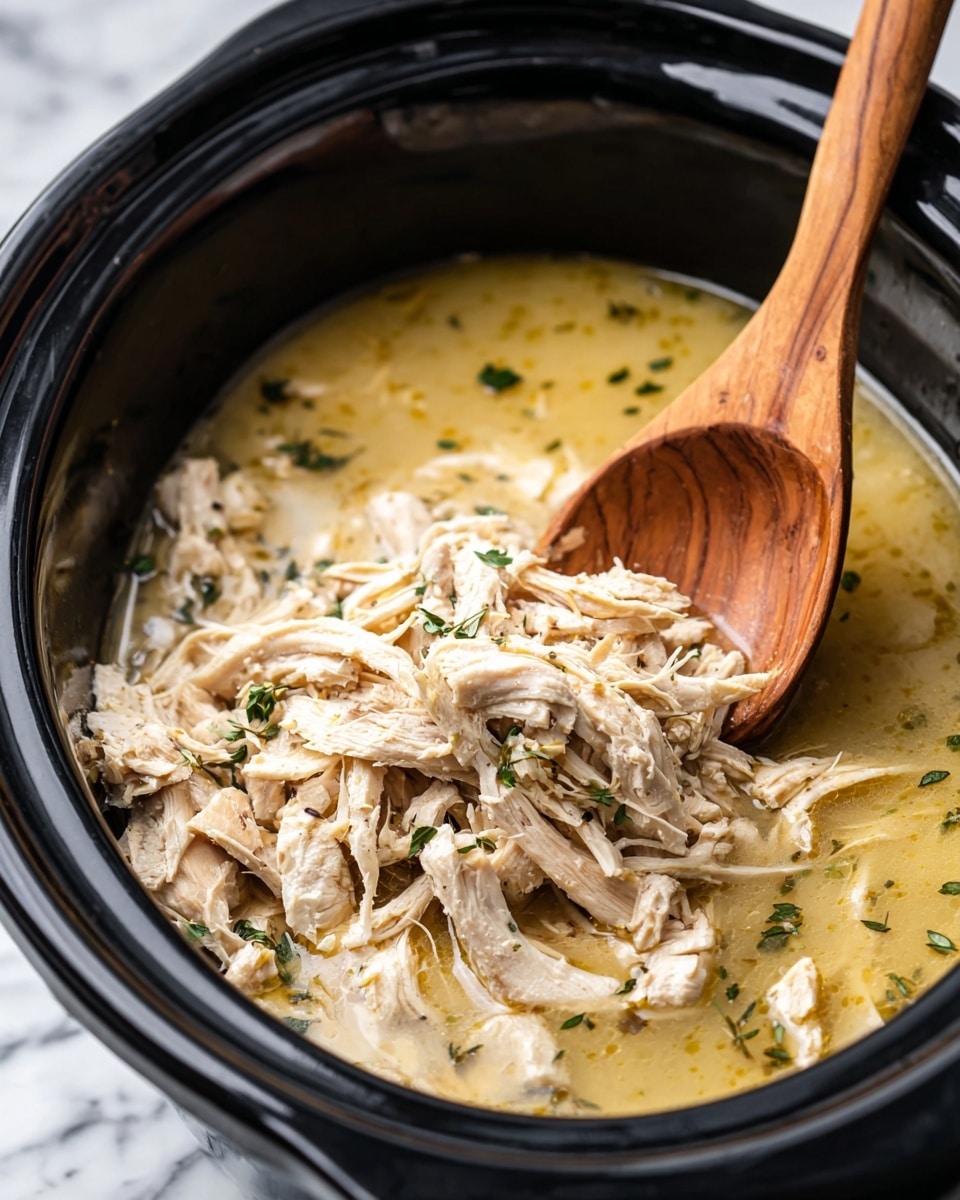 Inside a black slow cooker, there is one main layer of shredded chicken that is pale and tender, soaking in a light, clear broth with small bits of herbs visible. The chicken is soft and stringy, spread evenly across the cooker. Scattered on top are fresh green parsley leaves adding a splash of color and freshness. A wooden spoon is partly submerged on the right side, lifting some of the chicken strings gently. The background surface is white marbled texture. photo taken with an iphone --ar 4:5 --v 7