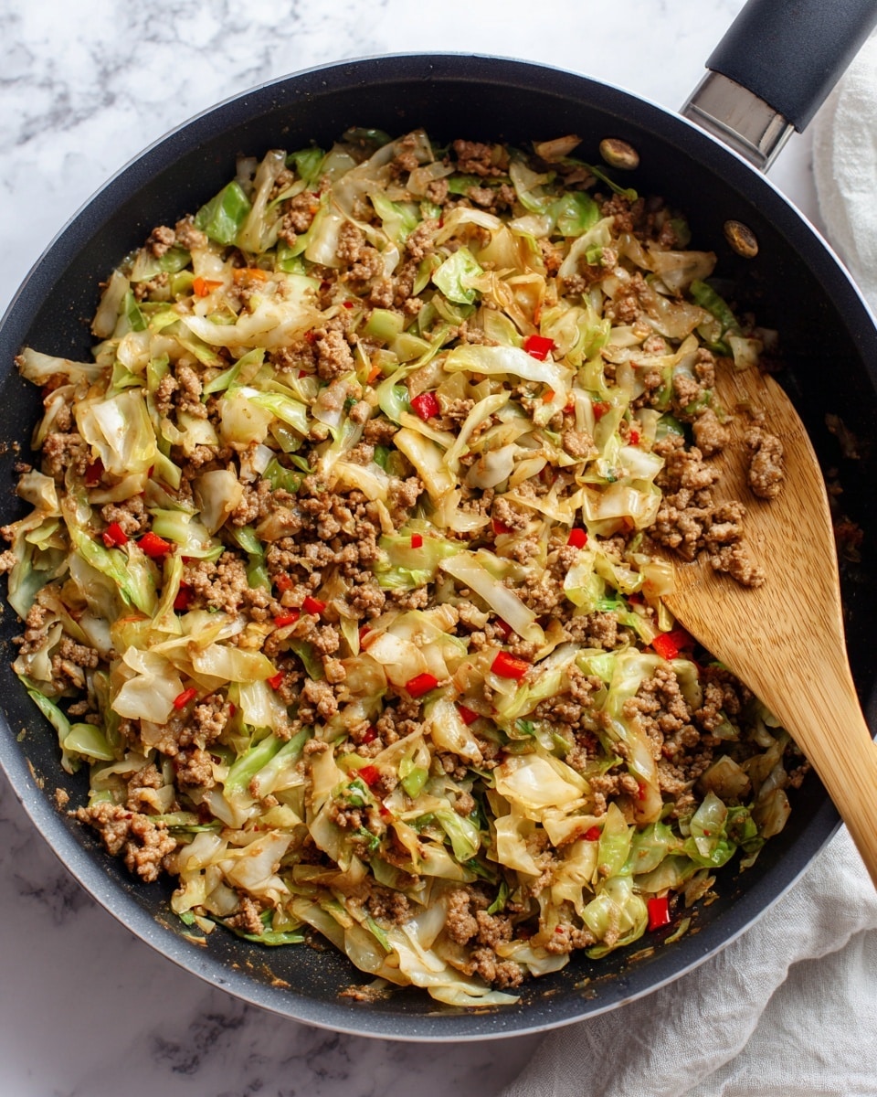 The image shows a black pan filled with cooked ground beef and cabbage pieces. The dish has a mix of brown minced meat and light green to yellow cabbage leaves that look soft and slightly wilted. Small bits of red, likely from tomatoes or peppers, are scattered throughout, adding color contrast. A wooden spoon is placed on the right side of the pan, partly resting on the food. The pan sits on a white marbled surface. photo taken with an iphone --ar 4:5 --v 7
