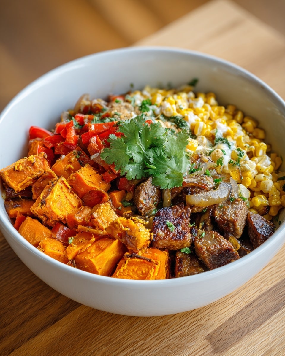 A white bowl sits on a white marbled texture with three main layers inside: in the bottom layer, there are large chunks of roasted orange sweet potatoes with a crispy caramelized surface; the middle layer is made up of cooked pieces of brown pork mixed with sautéed onions and slices of red and green bell peppers, creating a mix of soft textures and vibrant colors; on top, there is a creamy mixture of yellow corn kernels and white cheese with green herbs sprinkled throughout, finished with a small green cilantro leaf for garnish. photo taken with an iphone --ar 4:5 --v 7