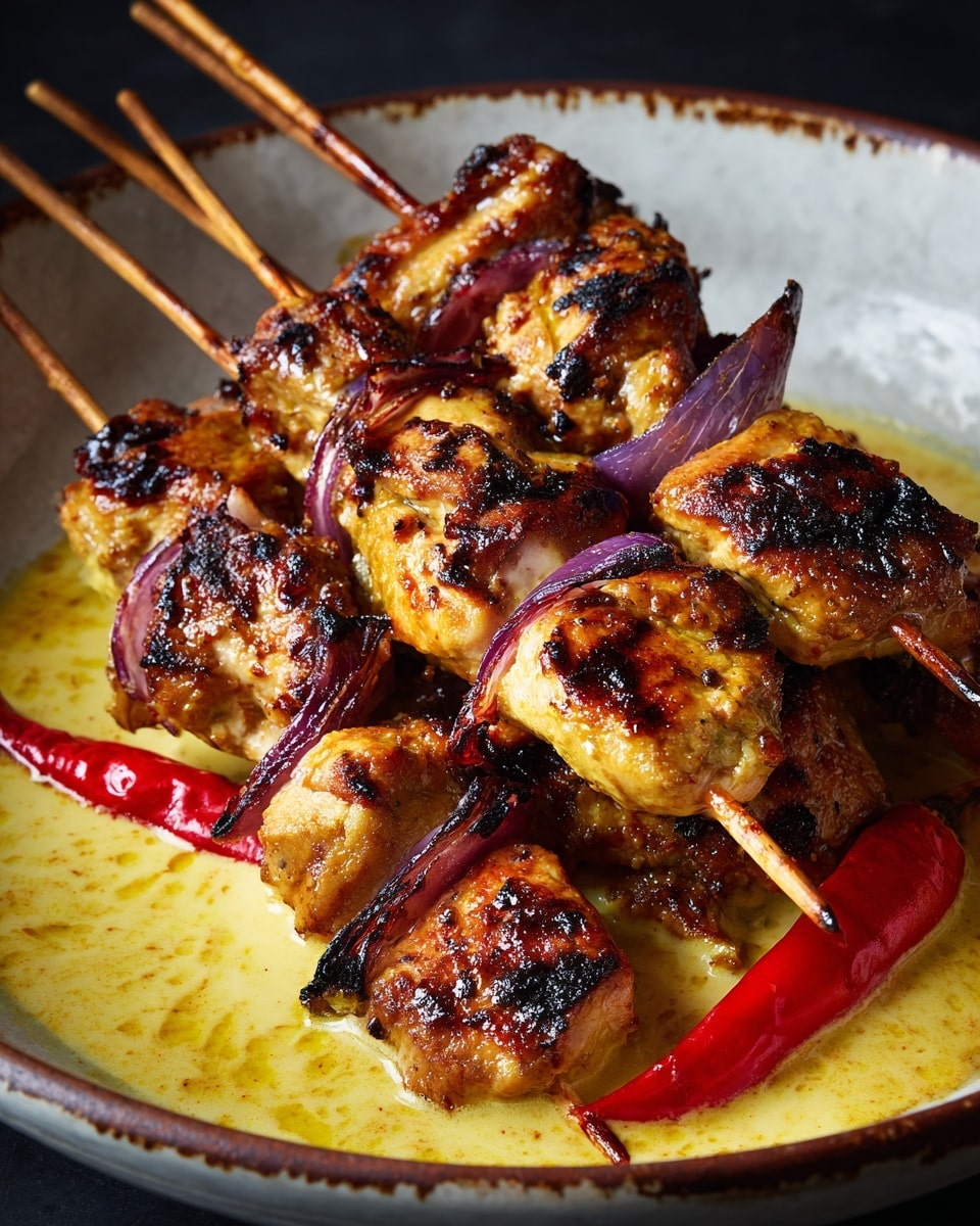 Four wooden skewers hold layers of golden brown grilled chicken pieces with charred edges and bits of purple onion, dipping into a pool of rich, oily yellow-orange sauce. The skewers are placed side by side on a white marbled surface that has some burnt marks around the edges. Bright red chili peppers with darkened tips lie horizontally in the foreground, adding a splash of color. The grilled chicken looks juicy and slightly crispy with a smoky texture visible on the meat and onions. Photo taken with an iphone --ar 4:5 --v 7