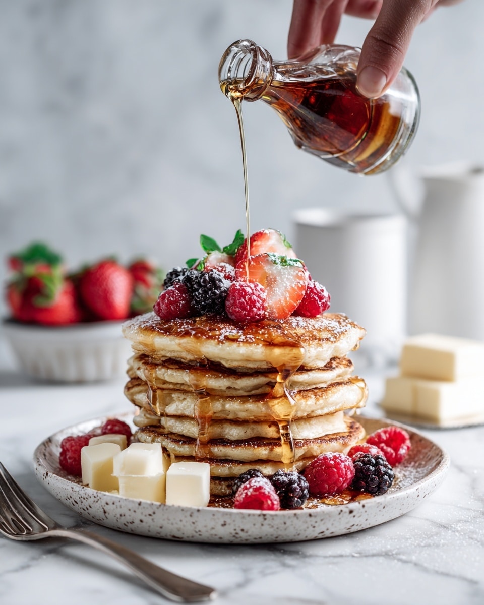 A stack of six thick, golden-brown pancakes sits on a white speckled plate, topped with fresh red strawberries, raspberries, and a single blackberry, with more berries scattered around the base. A woman's hand is pouring amber-colored syrup from a small clear glass bottle, and the syrup drizzles down the sides of the pancakes, creating a shiny, sticky glaze. The plate is on a white marbled surface with a silver fork placed next to it and small blocks of butter nearby. In the blurred background are more berries and a white cup, all against a white marbled texture photo taken with an iphone --ar 4:5 --v 7
