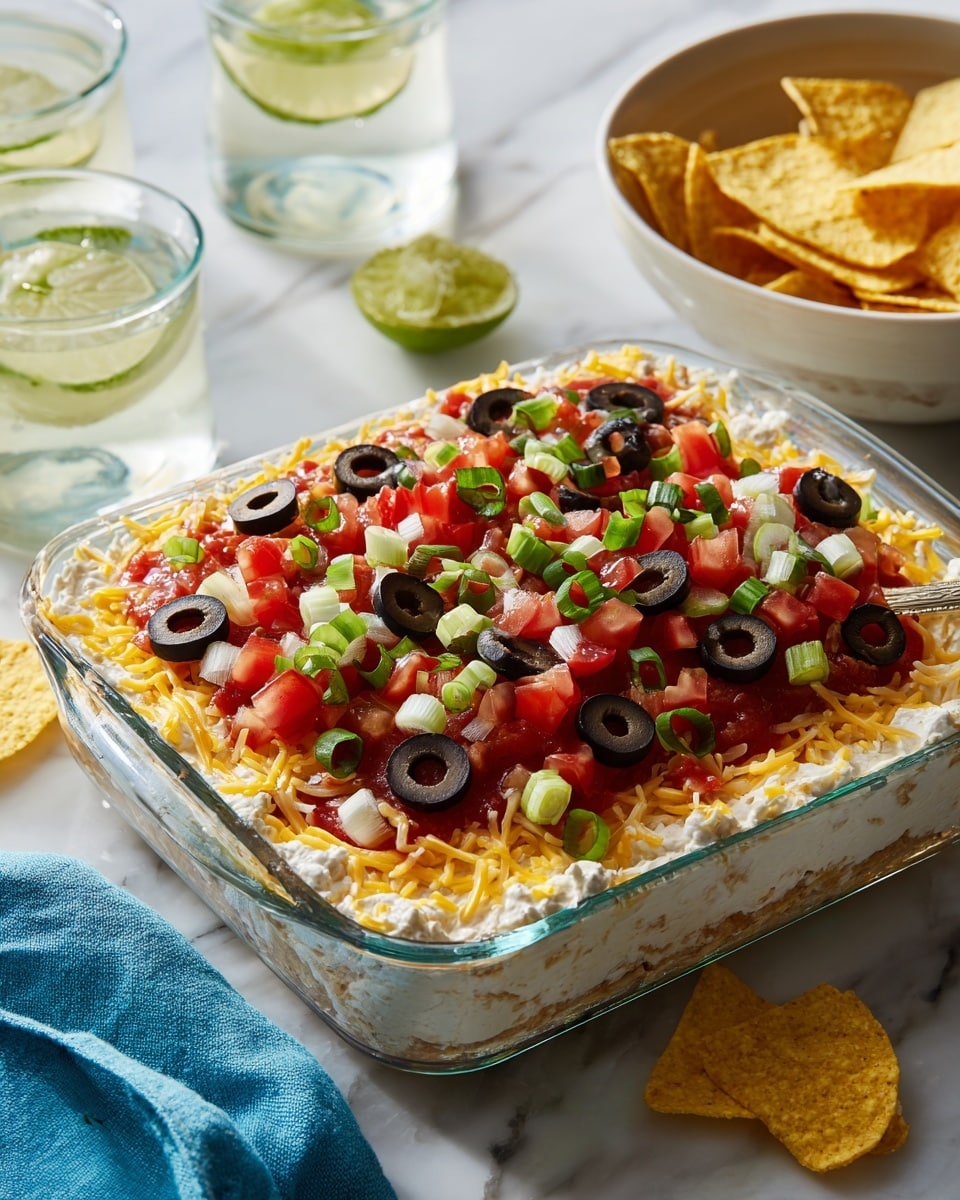 A clear glass rectangular baking dish holds a layered dip with three visible layers: the bottom layer is creamy and light beige, the middle layer is covered with melted shredded yellow and white cheese, and the top layer is colorful, made up of chopped red tomatoes, sliced black olives, and chopped green onions spread evenly. A few triangular corn chips are stuck into the dip around the edges. Surrounding the dish are scattered corn chips and three glasses of light-colored drink with lemon slices, all placed on a white marbled surface with a blue cloth nearby. photo taken with an iphone --ar 4:5 --v 7