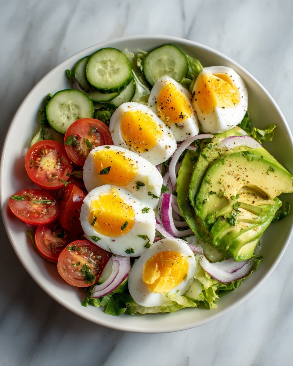 A white bowl filled with a fresh salad is placed on a white marbled surface. The bottom layer is made up of green leafy lettuce with ruffled edges. On top of the lettuce, there are thin slices of light green avocado arranged in a neat fan shape on the left side. Sliced cherry tomatoes, red and juicy, are scattered around the bowl, alongside thinly sliced rings of purple-red onion. To the right, there are several round slices of pale green cucumber. Five quartered hard-boiled eggs with bright yellow yolks and smooth white edges are placed over the salad, sprinkled with finely chopped green herbs and a light dusting of black pepper. The salad looks fresh and colorful with a variety of textures. Photo taken with an iphone --ar 4:5 --v 7