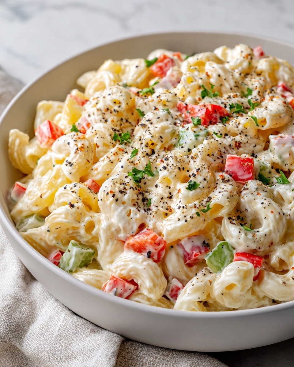 A large white bowl filled with three layers of creamy macaroni salad, featuring yellow curved macaroni pasta coated in white mayonnaise. Mixed evenly throughout are small diced red and green bell peppers, adding bright red and green color pops. The salad is sprinkled with small black pepper flakes and tiny bits of finely chopped herbs, giving texture and contrast on top. The bowl sits on a light-colored wooden surface with a soft beige cloth partially under it and a wooden spoon off to the side, all set against a white marbled background. photo taken with an iphone --ar 4:5 --v 7