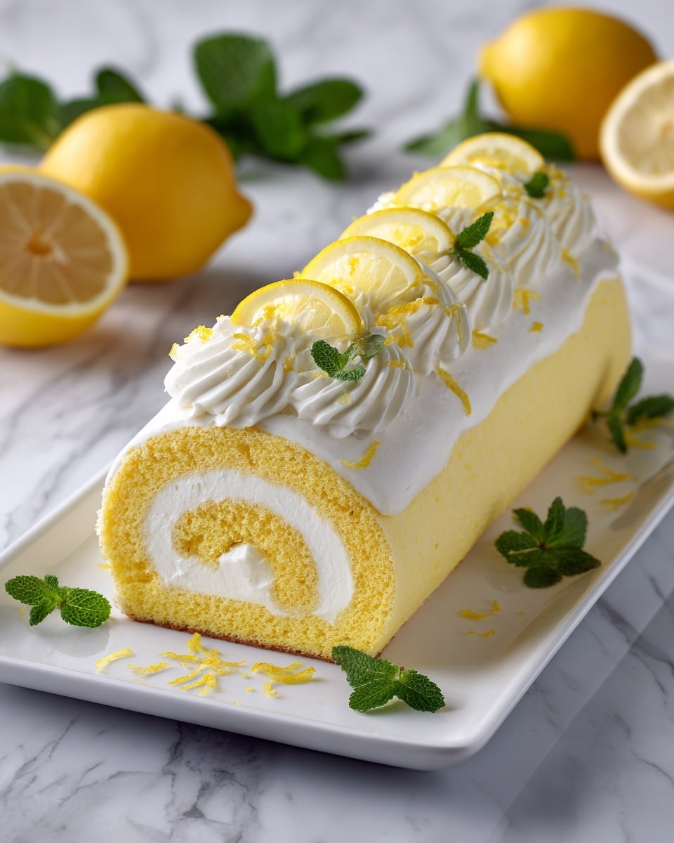 A white rectangular plate holds a lemon roll cake with three main layers: the outer layer is pale yellow sponge cake with a fine, soft texture, wrapped around a thick, creamy white middle layer of whipped cream, and a smooth, pale yellow lemon filling at the center. The cake is decorated on top with swirled white cream along the length and thin lemon slices placed evenly, garnished with small lemon zest pieces. Around the plate, small fresh green mint leaves add contrast. The plate sits on a white marbled surface, with whole and halved lemons and green leaves in the background. Photo taken with an iphone --ar 4:5 --v 7