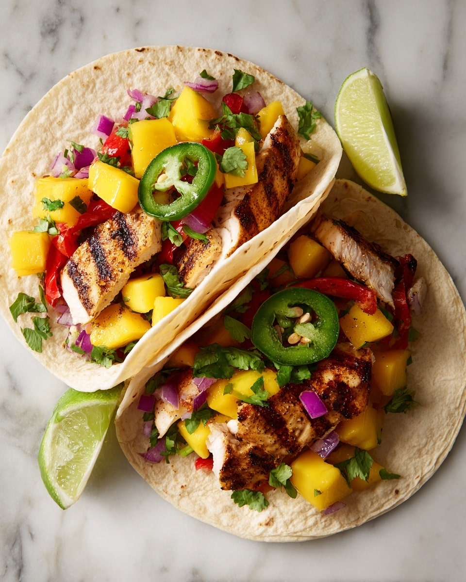 Two soft light beige tortillas folded in half hold a colorful filling arranged in layers; the bottom layer is a mix of small bright yellow mango cubes, red bell pepper pieces, and tiny bits of purple onion mixed with green cilantro leaves; on top, there are golden brown grilled chicken pieces with grill marks, scattered evenly; slices of fresh green jalapeno are placed near the center on one taco, and small wedges of light green lime rest on the white marbled surface around the tacos, which lie close together. photo taken with an iphone --ar 4:5 --v 7