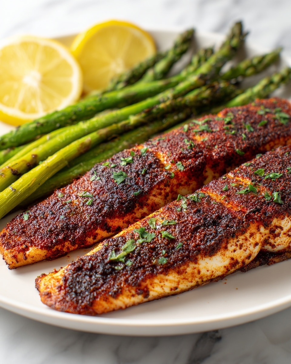 A close-up view of two pieces of grilled salmon with a dark reddish-brown spicy crust, showing a slightly rough texture on top, placed side by side on a white plate. To the left side and partially under the salmon, several charred green asparagus stalks with a glossy, slightly wrinkled surface are arranged diagonally. In the upper left corner of the plate, two thin yellow lemon slices with translucent flesh and a slightly bumpy rind are visible. The plate is set on a white marbled surface. photo taken with an iphone --ar 4:5 --v 7