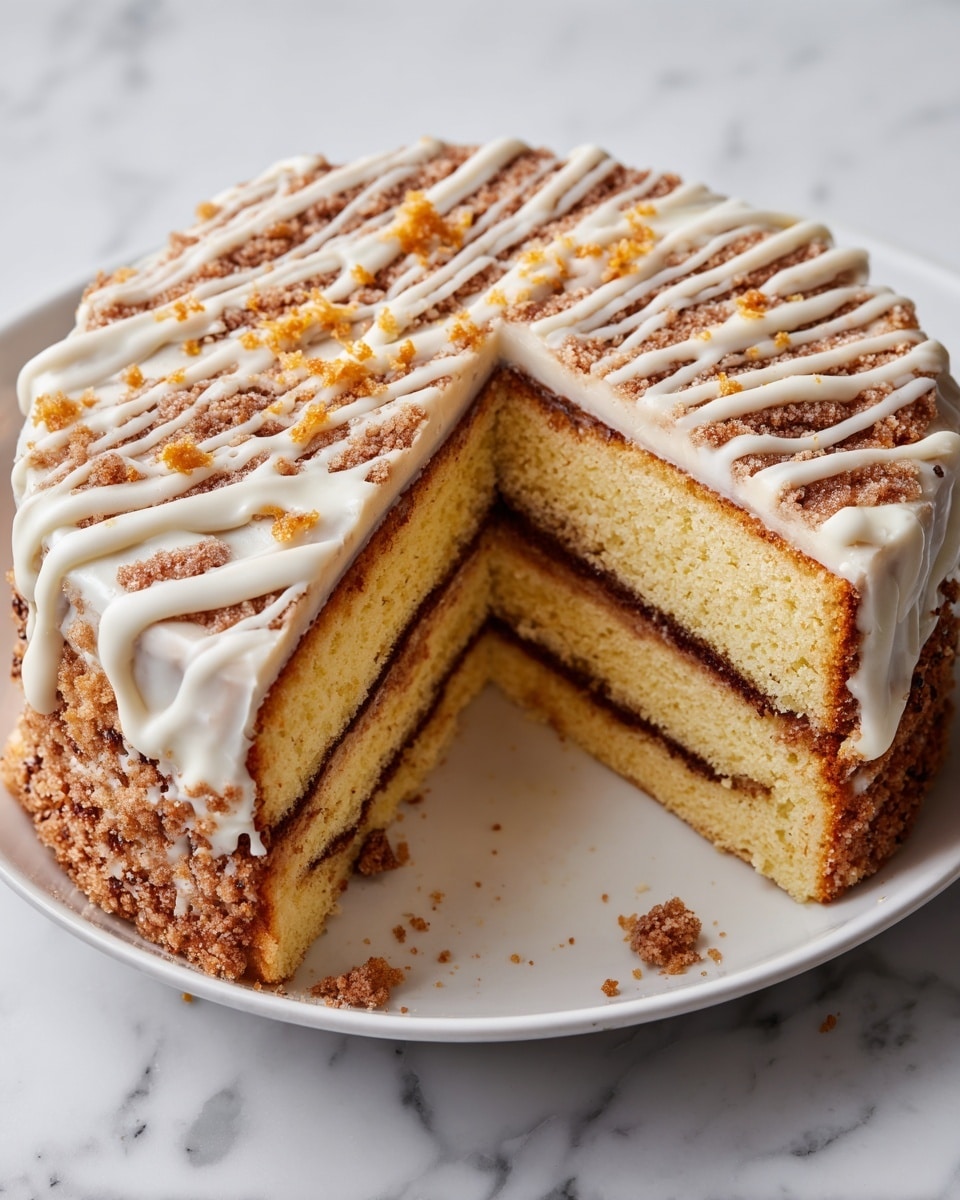 A round cake sliced into eight pieces sits on a white plate on a white marbled surface. The cake has two thick layers of light golden sponge with a dark brown filling in the middle. The top layer is covered with a crumbly, light brown streusel and drizzled with white icing in diagonal lines, sprinkled with small toasted coconut flakes. One slice is slightly pulled out, showing the inside layers clearly. Photo taken with an iphone --ar 4:5 --v 7