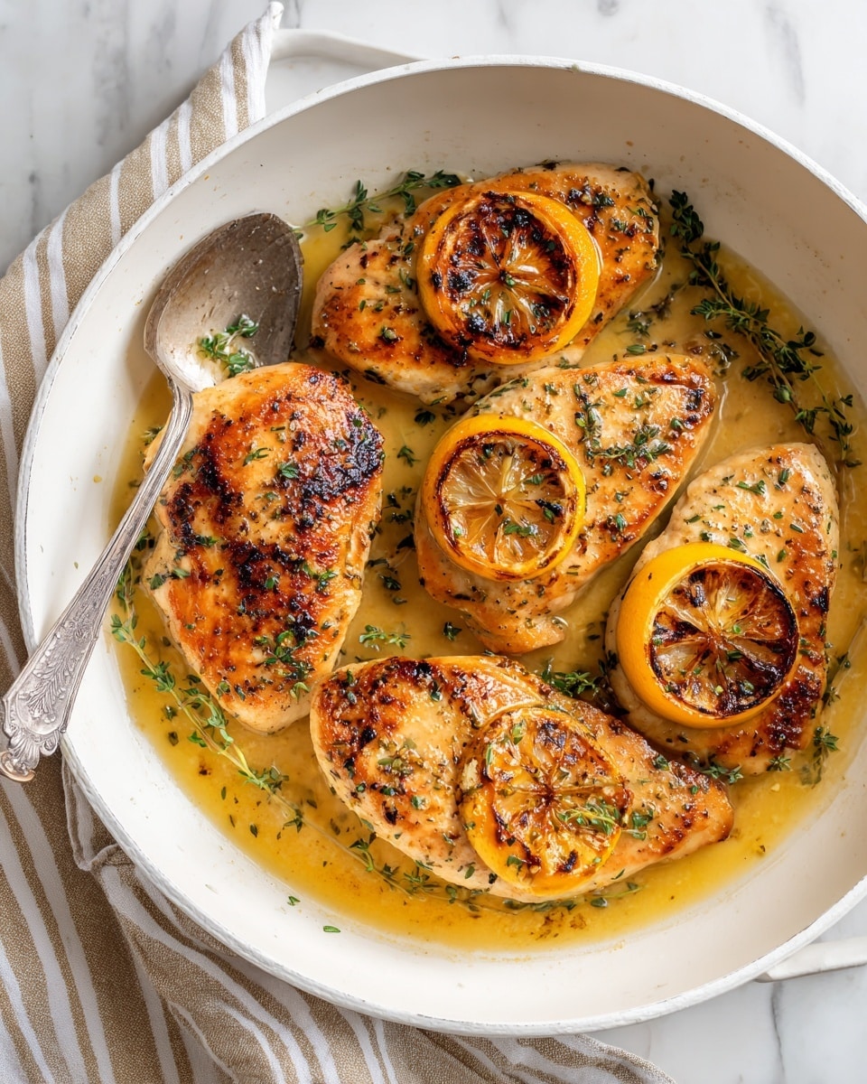 A close-up view of a white pan filled with five cooked chicken breasts, each topped with a single caramelized lemon slice that is golden brown with darker char marks. The chicken pieces are light golden with a slightly crispy texture and are scattered with fresh green herb sprigs. The pan has a small pool of light brown cooking juices around the chicken. A silver spoon with an ornate handle rests inside the pan on the left side. The pan sits on a soft, crumpled beige and white striped cloth on a white marbled surface. photo taken with an iphone --ar 4:5 --v 7