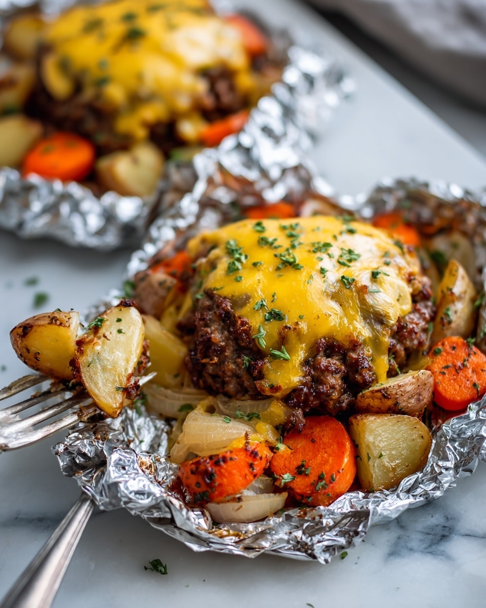 The image shows two servings of a meal wrapped in crinkled silver foil on a white marbled surface. Each serving has a base layer of grilled small potatoes and orange carrot slices, browned with a slightly charred texture, and some cooked onion slices mixed in. On top of the vegetables is a thick layer of browned ground meat patty covered by melted bright yellow cheese sprinkled with small pieces of green herbs. In the foreground, a silver fork is holding a bite of the cheesy meat patty. The scene is cozy and appetizing. Photo taken with an iphone --ar 4:5 --v 7