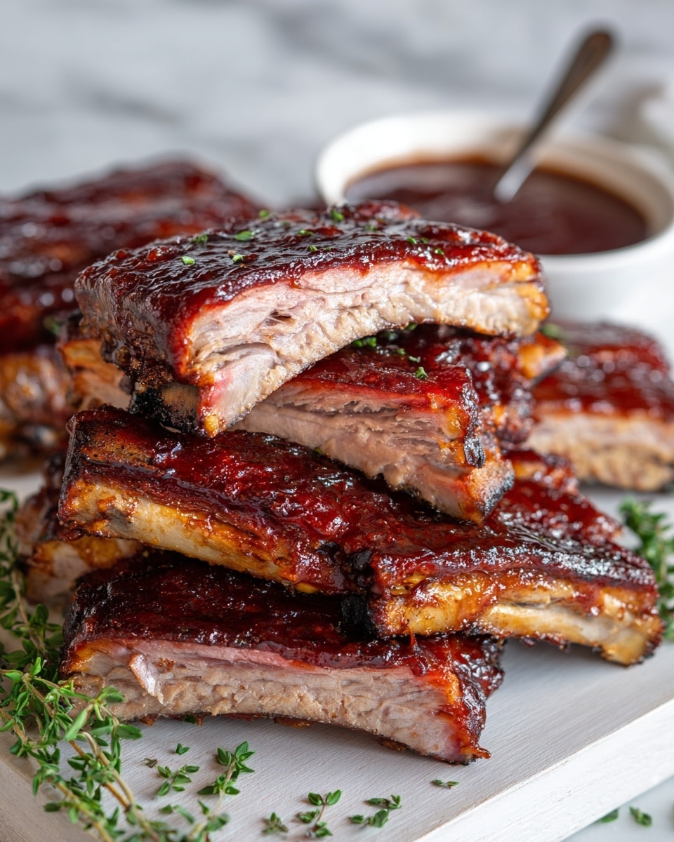 A close-up image shows thick, juicy pork ribs stacked on a wooden board. The ribs have a shiny, sticky layer of dark reddish-brown barbecue sauce coating the exterior, with some parts showing tender, moist, light pinkish-brown meat inside. There are a few fresh green herb leaves scattered around, adding a touch of color. In the background, a bunch of fresh green herbs is slightly blurred, with a small white bowl filled with more sauce placed next to the ribs on the right side, and a spoon resting next to the bowl. The scene is set on a white marbled surface. Photo taken with an iphone --ar 4:5 --v 7