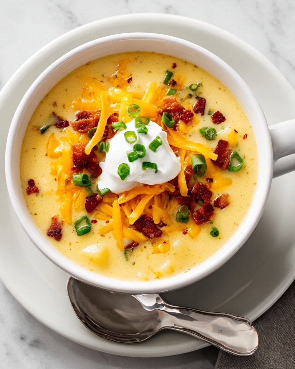 A white bowl filled with creamy yellow potato soup that contains visible chunks of pale potato pieces throughout. On top, there are layers of shredded bright orange cheddar cheese, small crispy pieces of dark red bacon, and chopped green onions scattered evenly. In the center, there is a dollop of white sour cream topped with a few green onion slices. The bowl sits on a white plate with a shiny silver spoon next to it, all placed on a white marbled surface. Photo taken with an iphone --ar 4:5 --v 7
