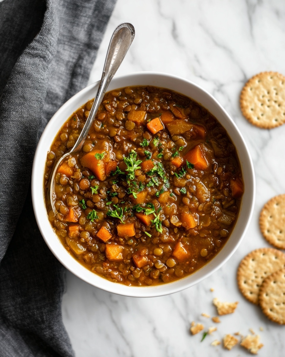 A white bowl filled with thick, orange-brown lentil soup that contains visible chunks of soft, bright orange carrots and small pieces of other vegetables, topped with fresh green parsley leaves scattered on the surface. A silver spoon rests inside the bowl near the right edge, partially submerged in the soup. The bowl is placed on a white marbled surface with a dark gray fabric napkin on the left side, and three small round toasted bread slices with sesame seeds are scattered on the right side, along with a few crumbs and a small sprig of parsley. photo taken with an iphone --ar 4:5 --v 7