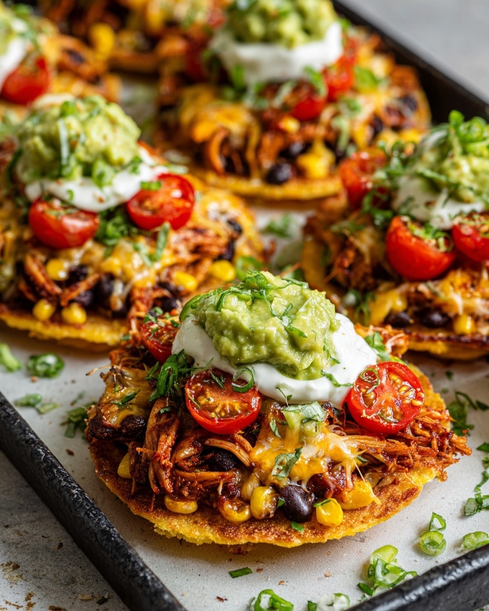 The image shows several crispy tostadas on a white marbled surface. Each tostada has multiple layers starting with a golden, crunchy tortilla base. On top of the base, there is a layer of melted yellow cheese mixed with black beans and corn, followed by shredded, reddish-brown seasoned chicken. Bright red halved cherry tomatoes are placed on the chicken, adding a pop of color. Each tostada is topped with a dollop of creamy white sour cream and a generous scoop of smooth green guacamole. The tostadas are garnished with small pieces of fresh green onions scattered over them and on the surface around. The overall look is colorful and fresh, served on a black tray. Photo taken with an iphone --ar 4:5 --v 7