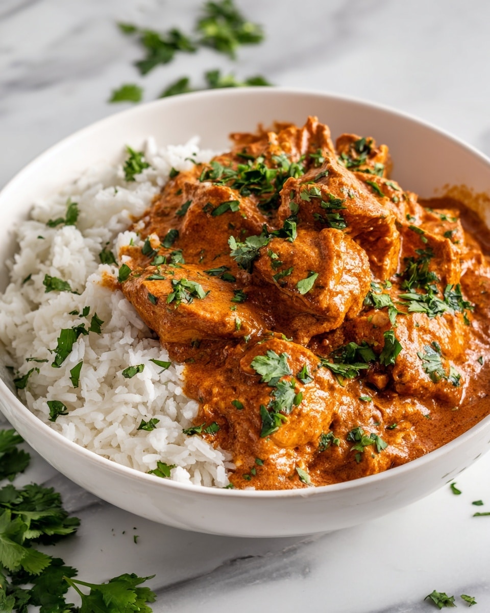 A white bowl holds a dish with two main layers; the first layer is fluffy white rice, filling about half the bowl and showing individual grains, the second layer is several pieces of chicken covered in a rich orange curry sauce with a smooth yet slightly thick texture. The chicken pieces are arranged closely over half the rice, and the curry sauce spreads around and slightly soaks into the rice. Fresh green chopped herbs are sprinkled generously on top of the chicken and scattered over the rice, adding a touch of bright color contrast. The bowl sits on a white marbled surface. photo taken with an iphone --ar 4:5 --v 7