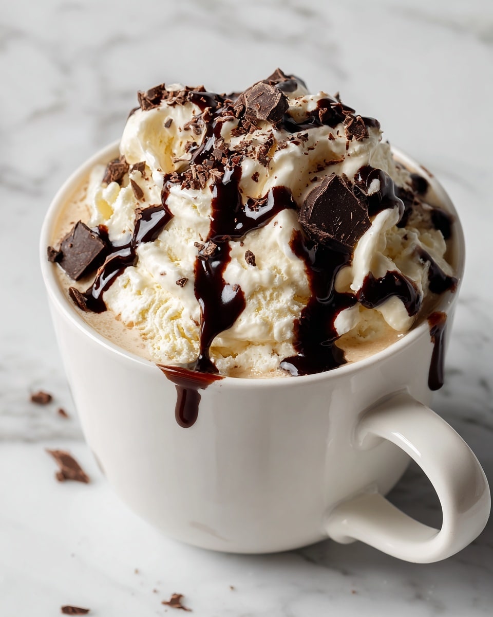 A white mug filled with creamy vanilla ice cream topped with thick, dark chocolate syrup drizzled over it and small pieces of dark chocolate scattered on top. The ice cream is smooth and slightly melting around the edges, creating a rich texture. The mug sits on a white marbled surface. Photo taken with an iphone --ar 4:5 --v 7