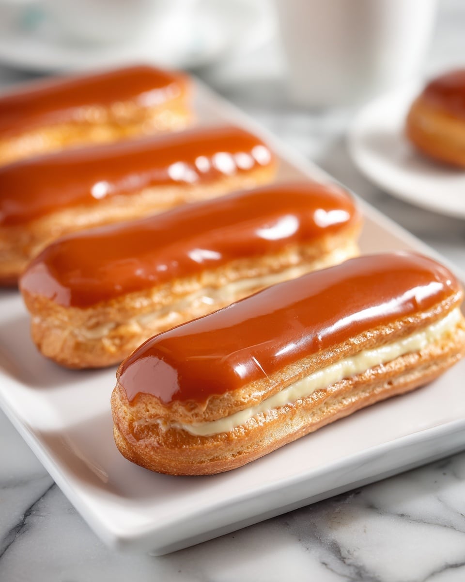 The image shows two white rectangular plates filled with caramel-glazed éclairs. Each éclair has a golden-brown choux pastry base topped with a smooth, glossy caramel layer. The éclairs are neatly lined up on the plates, placed on a white marbled surface. The caramel glaze has a shiny, rich texture that catches the light beautifully, highlighting the smooth finish. The background is softly blurred, focusing attention on the éclairs. Photo taken with an iphone --ar 4:5 --v 7