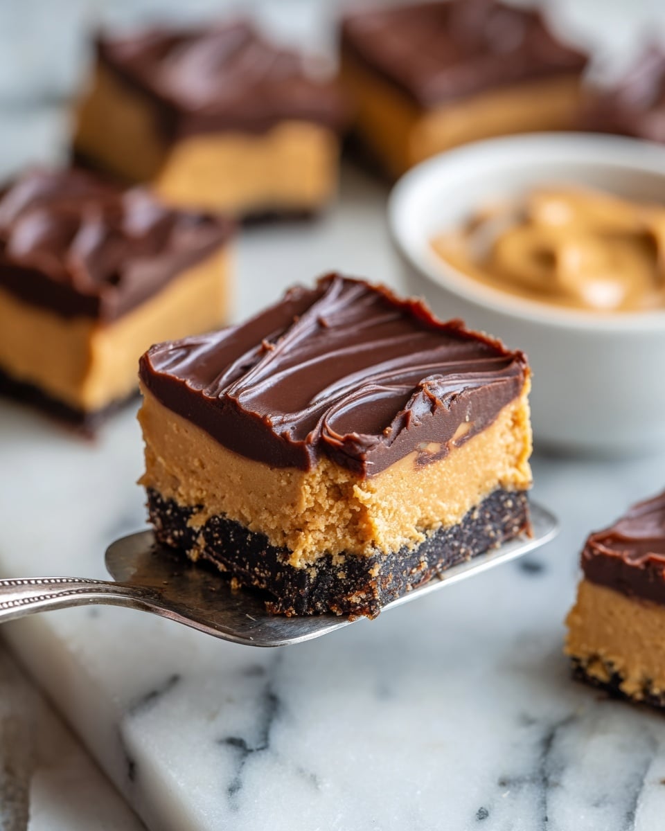 A square piece of two-layer dessert is shown close up; the bottom layer is thick, light brown, smooth, and dense while the top layer is thinner, dark brown chocolate with a slightly textured, shiny surface. The dessert piece is held with a utensil above a white marbled surface that has scattered chocolate chips and a blurred white bowl in the background. Multiple pieces of the same dessert are visible laying on the surface behind it. Photo taken with an iphone --ar 4:5 --v 7