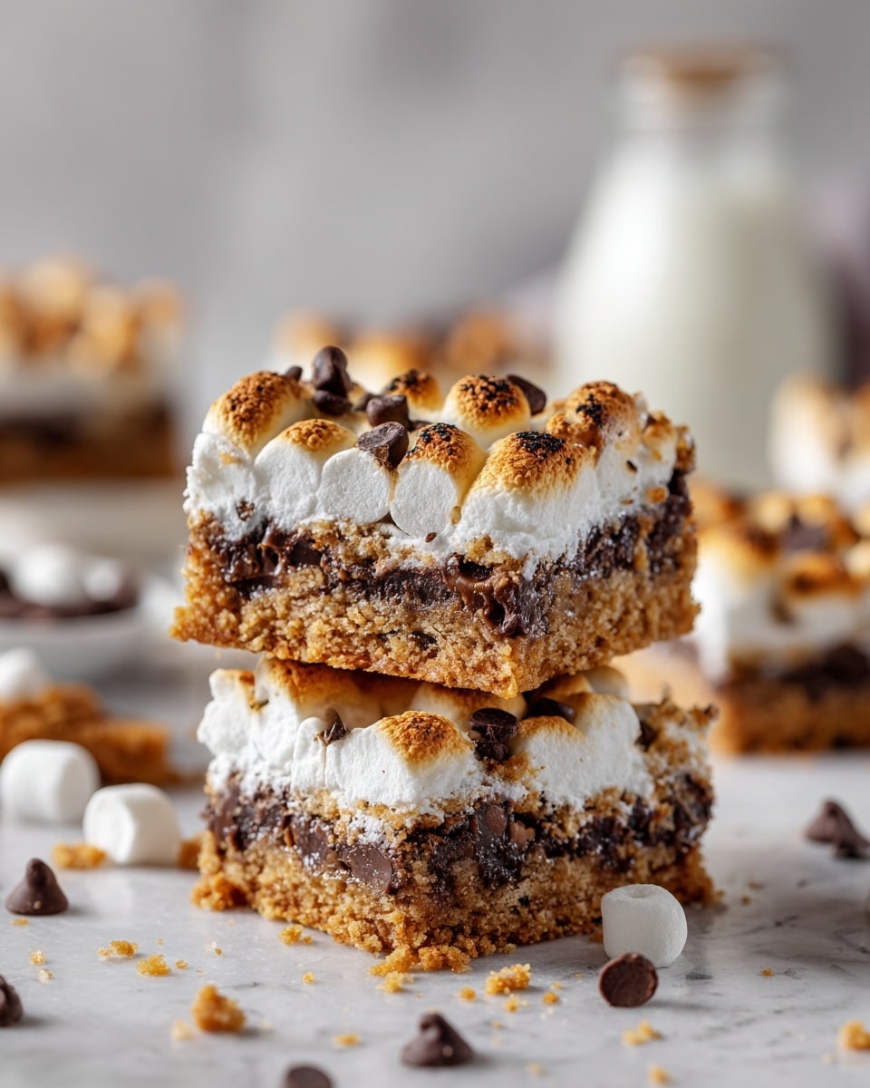 The image shows a close-up of two stacked dessert bars with three visible layers: a crumbly golden-brown base, a dark chocolate layer with rich texture and chips, and a top layer of fluffy white marshmallow mixed with more golden-brown cookie dough and scattered chocolate chips. The bars have a slightly rough surface with chocolate chips embedded on top and around the marshmallow. The background is a white marbled texture with blurred elements of more dessert bars and a bottle, creating a soft, light atmosphere. Photo taken with an iphone --ar 4:5 --v 7