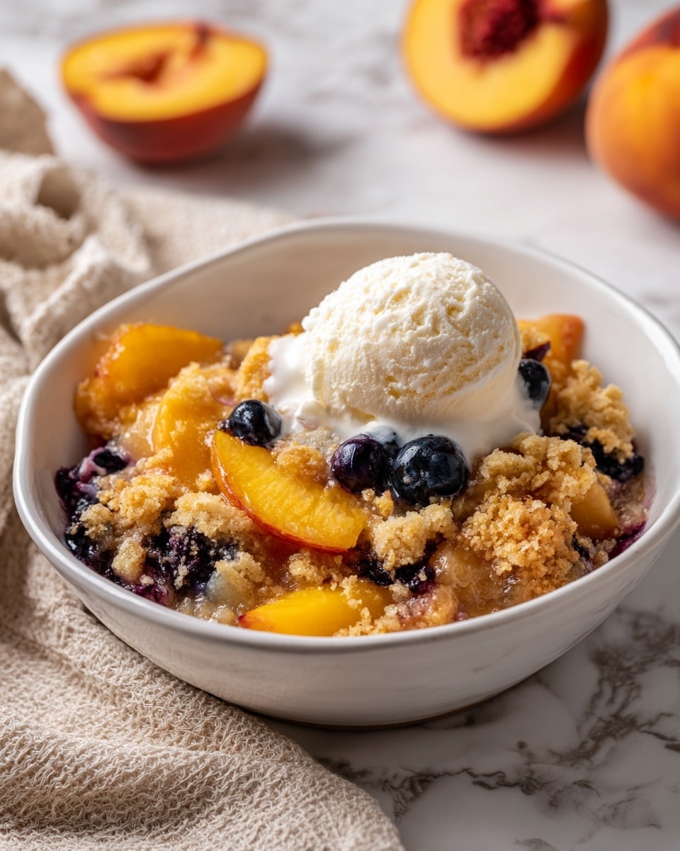 The image shows a white bowl filled with a peach cobbler dessert. The bottom layer has soft, cooked peach slices with a warm orange hue, topped by a crumbly, golden-brown biscuit crust. Scattered on top are a few dark blue blueberries adding pops of color. On the very top is a scoop of creamy vanilla ice cream, slightly melting onto the cobbler. The bowl rests on a white marbled surface, next to a beige textured cloth and a halved peach blurred in the background. photo taken with an iphone --ar 4:5 --v 7