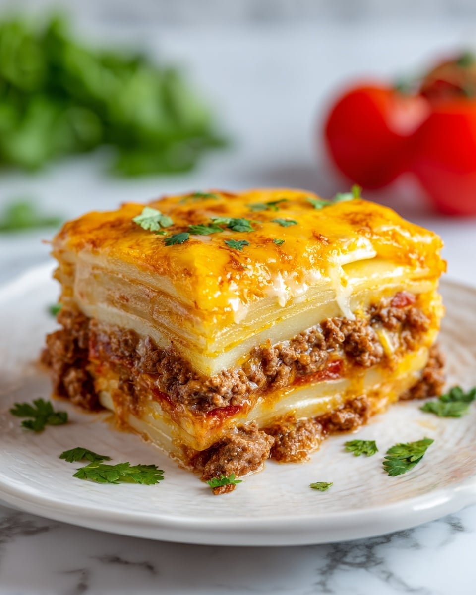 A slice of layered casserole is shown on a white plate sitting on a white marbled surface. The bottom layer is a cooked ground meat mix with bits of tomato visible, topped by three layers of thin, soft, golden potato slices. Above the potatoes, another layer of the meat mixture is visible, then another layer of potatoes, and finally a thick layer of melted yellow-orange cheese that is slightly browned. Small green cilantro leaves are scattered on top of the cheese and around the plate. In the blurred background, whole red tomatoes and green herbs can be seen. photo taken with an iphone --ar 4:5 --v 7