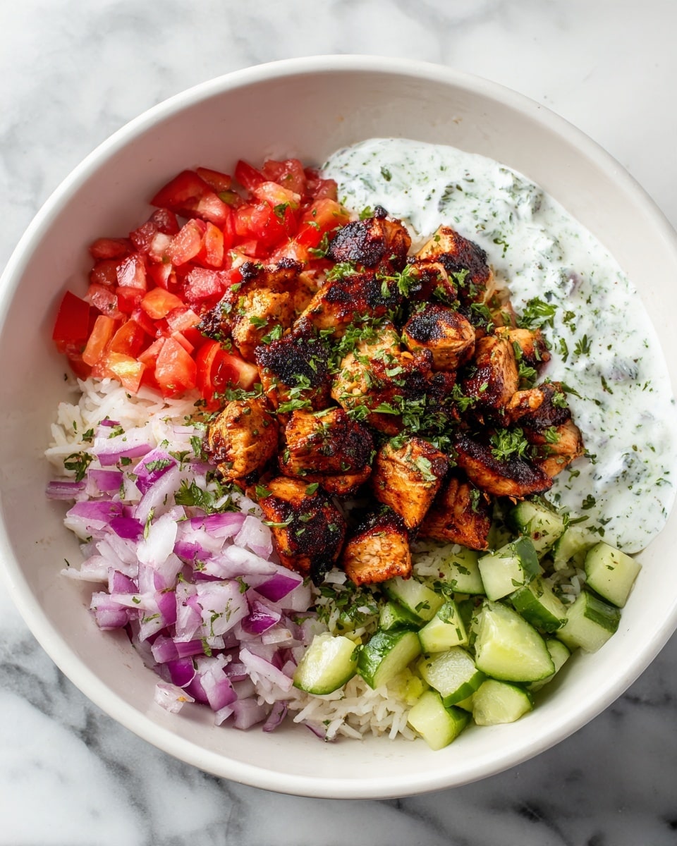 The dish is served in a white bowl placed on a white marbled surface. The base layer is white rice that fills the bowl. On the rice, there are four distinct toppings arranged in sections: bright red diced tomatoes on the left, light green chopped cucumber pieces at the bottom right, finely chopped purple-red onions toward the center, and grilled chicken pieces with a dark golden brown char scattered over the onions and tomatoes. A dollop of white creamy sauce with green herb bits is placed over the cucumber section. The colors and textures contrast well, with the chicken and sauce sitting on top, making the dish look fresh and vibrant. Photo taken with an iphone --ar 4:5 --v 7