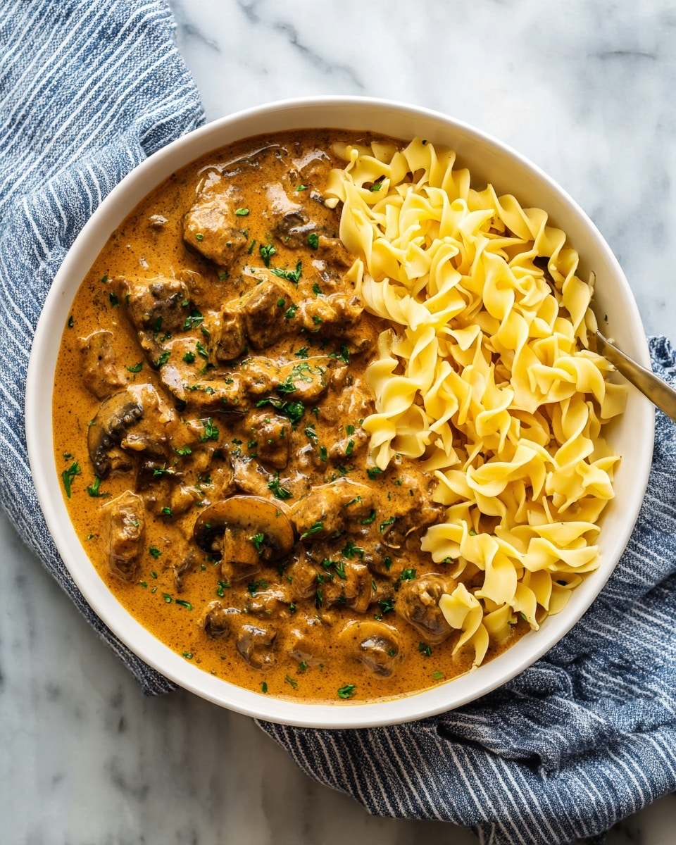 A white pot filled mostly with creamy brown beef stroganoff sauce containing tender chunks of browned beef and slices of sautéed mushrooms, lightly sprinkled with small bits of green herbs. On the right side inside the pot, a small pile of pale yellow wide egg noodles rests beside the sauce, showing a soft, smooth, and slightly curled texture. The pot is placed on a white marbled surface with part of a blue and white cloth visible on the left side and some fresh vegetables blurred in the background. photo taken with an iphone --ar 4:5 --v 7