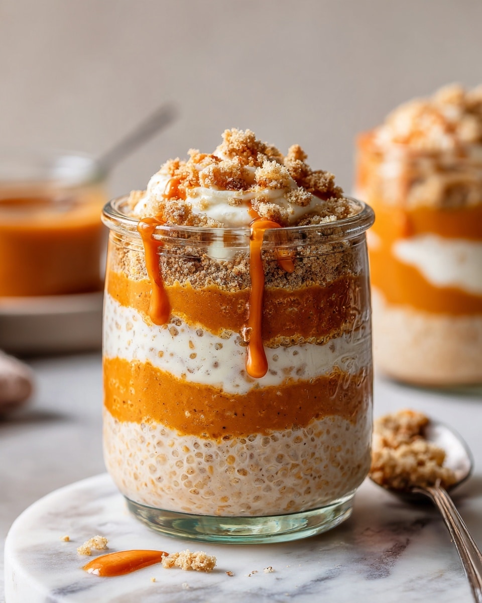The image shows a clear glass jar of pumpkin cheesecake overnight oats placed on a white marbled surface. The jar is layered with creamy pumpkin-colored oats mixed with white oats, alternating twice with thin layers of smooth white cream cheese filling. On top of the final layer, there is a small pile of crunchy light brown crumble. In the background, there is a tall clear glass or jar with similar layers and a drizzle of orange syrup on top. To the right, a golden spoon and a small white bowl with more crumble are visible. The image is bright and clean, focusing on the texture and color contrast between the creamy and crunchy layers. Photo taken with an iphone --ar 4:5 --v 7