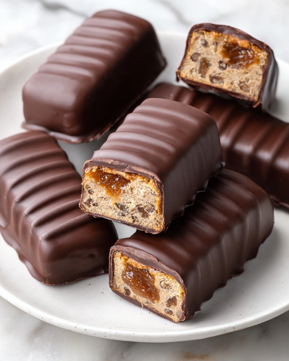 The image shows several small square candy bars made with a dark chocolate coating that has a smooth, slightly shiny texture with drizzled lines on top. One candy bar is cut open, revealing a thick, dense brown layer of date filling inside, which looks soft and sticky. The candy bars are placed on a clean white plate, positioned on a white marbled surface. The overall colors are dark brown from the chocolate and light brown from the date center. Photo taken with an iphone --ar 4:5 --v 7