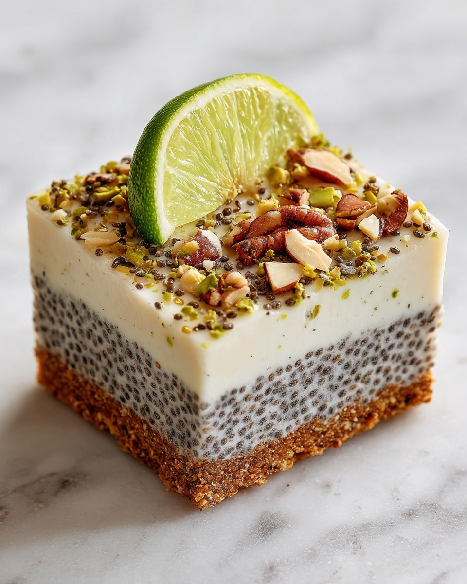 The image shows a square chia pudding bar on a white plate, placed on a white marbled surface. The bar has three clear layers: the bottom layer is light beige with a grainy texture, the middle layer is thick and creamy white with visible black chia seeds scattered throughout, and the top layer is a mix of chopped nuts and small seeds adding a crunchy texture. A thin slice of lime with a bright green rind and pale green flesh rests on the top edge of the bar. Some of the crushed nuts and seeds are scattered around the base of the bar on the plate. Photo taken with an iphone --ar 4:5 --v 7