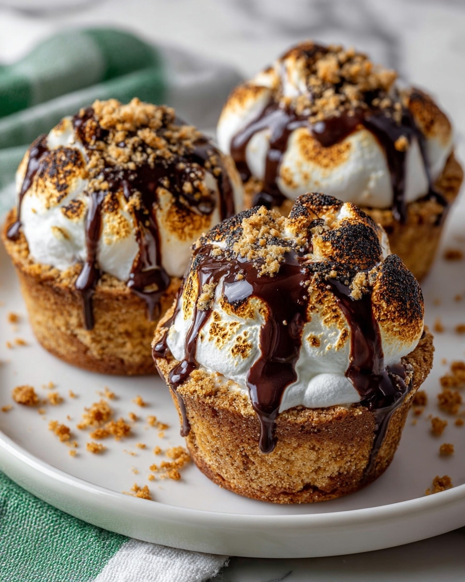 The image shows three small cake cups placed on a white plate with a slightly raised edge, all set on a white marbled surface. Each cake cup has a crumbly golden-brown base forming the bottom layer, followed by a creamy, smooth white middle layer. On top, there are toasted marshmallows with a light brown, slightly charred texture, some standing upright. The marshmallows are drizzled generously with thick, glossy dark chocolate sauce, which also pools slightly on the plate beneath the cakes. The overall look is rich and inviting, with a mix of soft and crunchy textures photo taken with an iphone --ar 4:5 --v 7