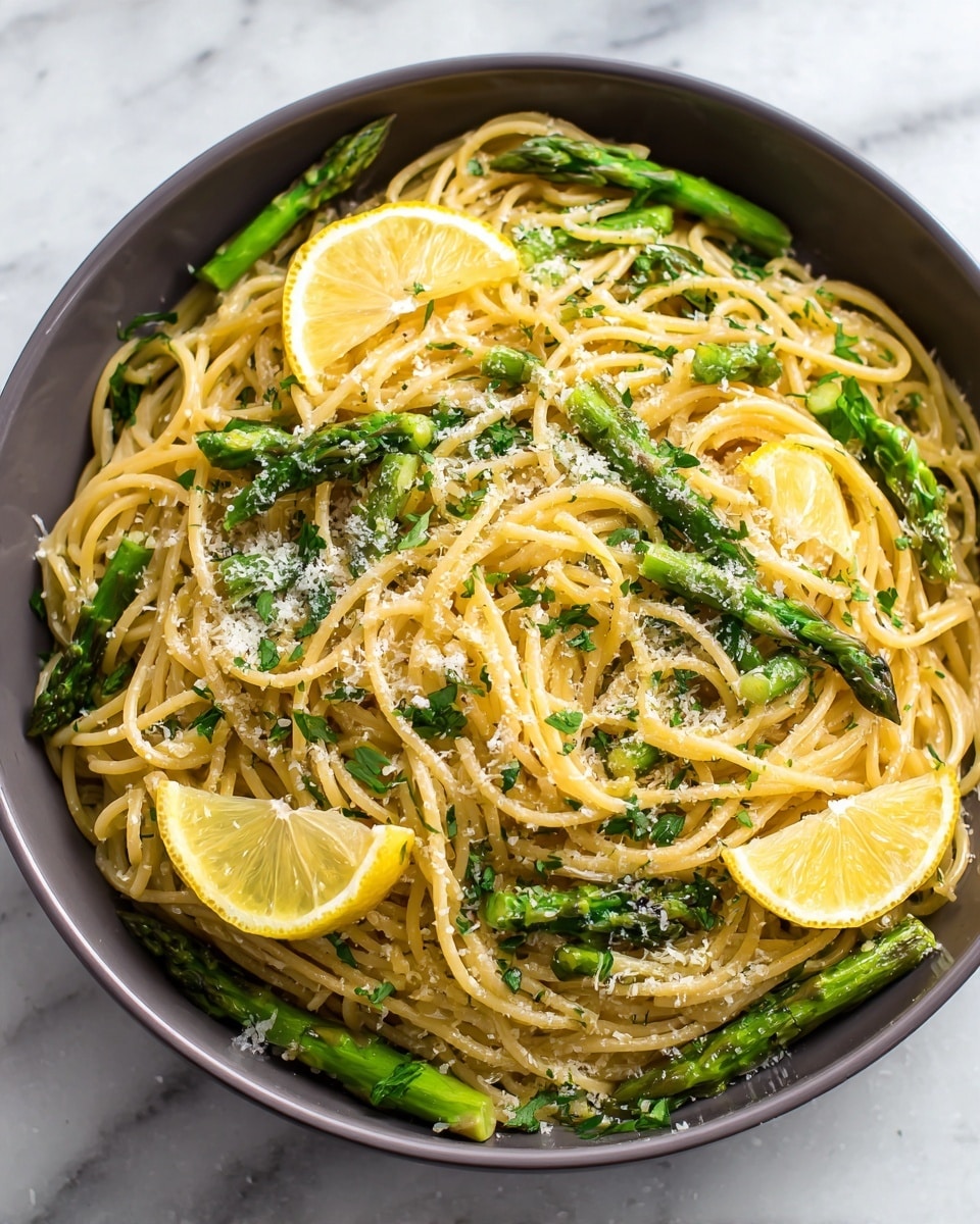 A close-up view of a brown bowl filled with spaghetti pasta, with several green asparagus spears and thin lemon slices spread on top. The pasta is coated lightly with a glossy sauce, with shredded white cheese sprinkled all over and some chopped green herbs adding texture and color contrast. The background shows a white marbled surface. photo taken with an iphone --ar 4:5 --v 7
