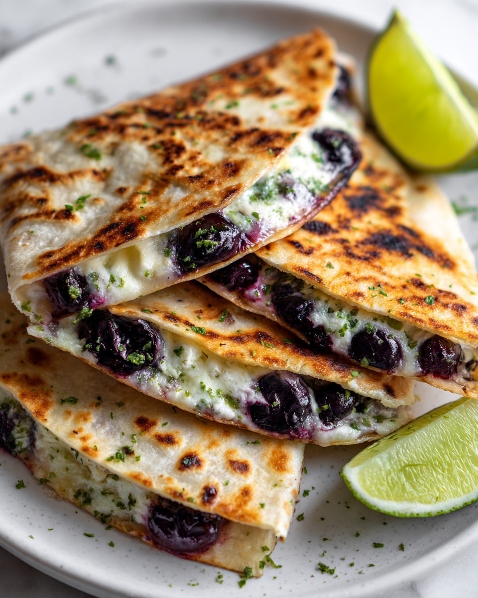 A white plate holds three folded quesadillas stacked on top of each other, showcasing golden-brown grilled tortillas with a slightly crispy texture. Inside each quesadilla, there is a creamy white cheese layer paired with juicy, dark purple blueberries that create a rich contrast. Small green herb sprinkles are scattered on top of the quesadillas, adding a fresh touch. A glazed lime wedge sits behind the stack on the white marbled surface, completing the fresh and vibrant presentation. photo taken with an iphone --ar 4:5 --v 7