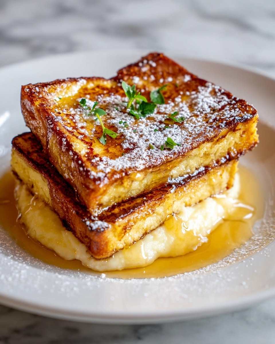 The image shows a bowl with a white marbled texture background filled with a creamy, light yellow base layer that looks smooth and soft. On top of this base, there are three thick, golden-brown slices of toasted bread with crispy edges and a shiny surface, drizzled with amber-colored syrup that pools slightly around the bread. The slices are dusted lightly with powdered sugar and garnished with small green herb leaves, adding a fresh touch to the warm tones. Photo taken with an iphone --ar 4:5 --v 7
